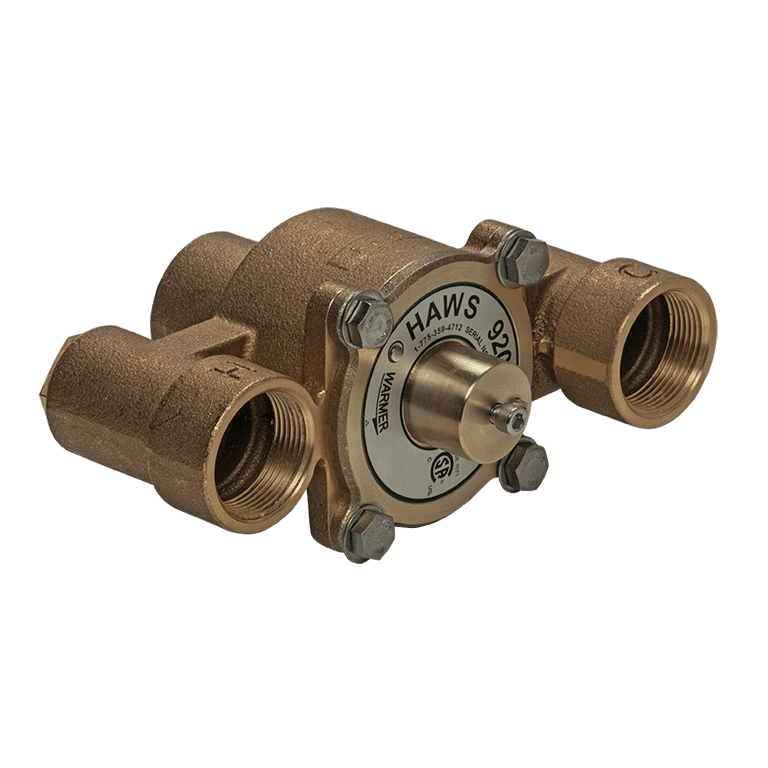 THERMOSTATIC MIXING VALVE – flow rate up to 117 liters/min – provides a safe tepid water supply for emergency showers and eyewash stations.